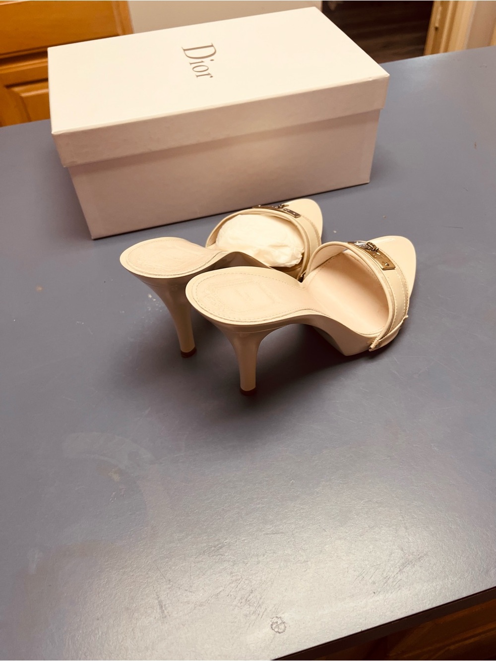 Dior Ivory Open-Toe Slip-On Heeled Mules with Metal Logo